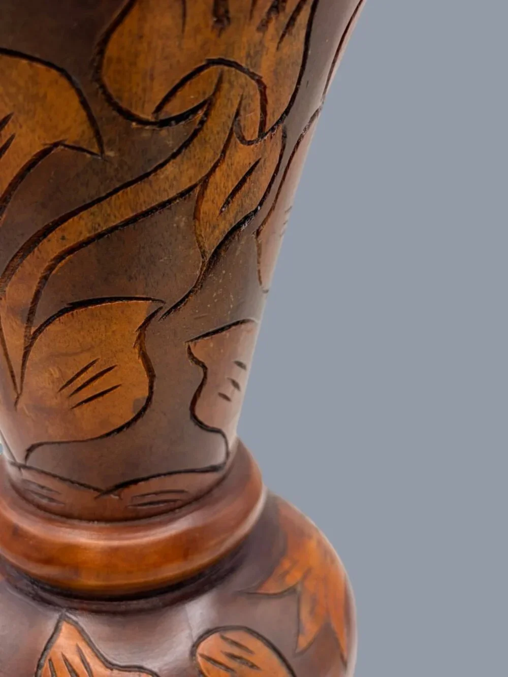 Vintage Hand Carved Wood Vase Floral Motif Pedestal Urn Rustic Decor 11